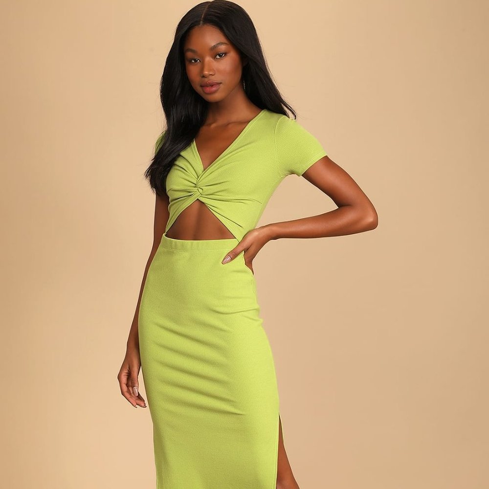 Style Twist Lime Green Twist Front Cutout Midi Dress